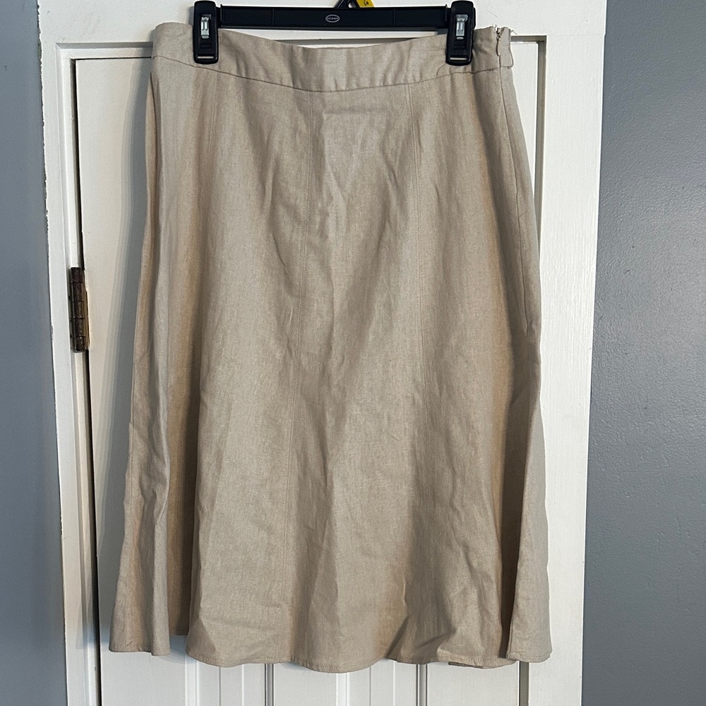 dressbarn Beige Linen Blend A-Line Skirt Size 8 Neutral Summer Midi Minimalist